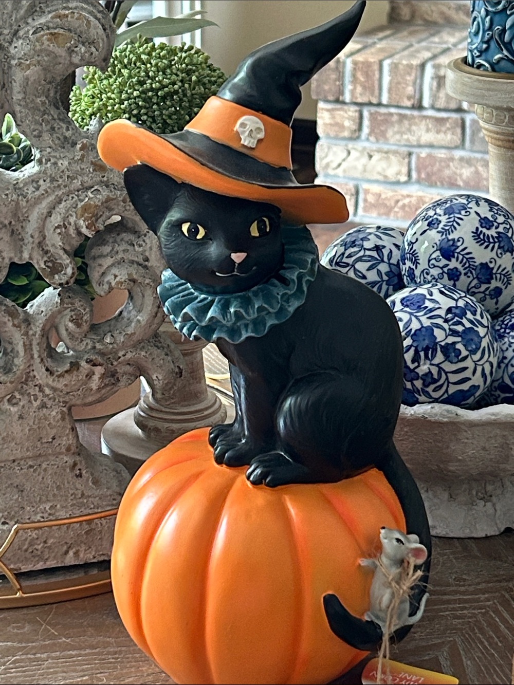 NEW! Vintage Inspired Halloween Black Circus Cat Pumpkin & Mouse LARGE Statue